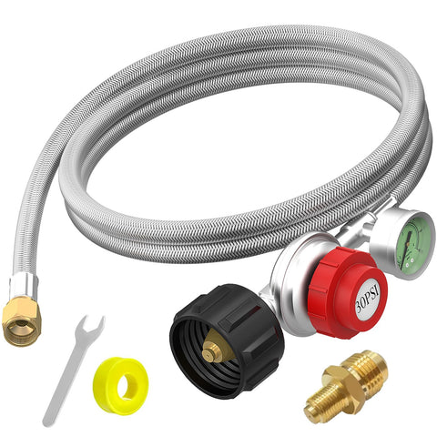 MEFUN 5ft propane hose with regulator and gauge for precise outdoor cooking control.