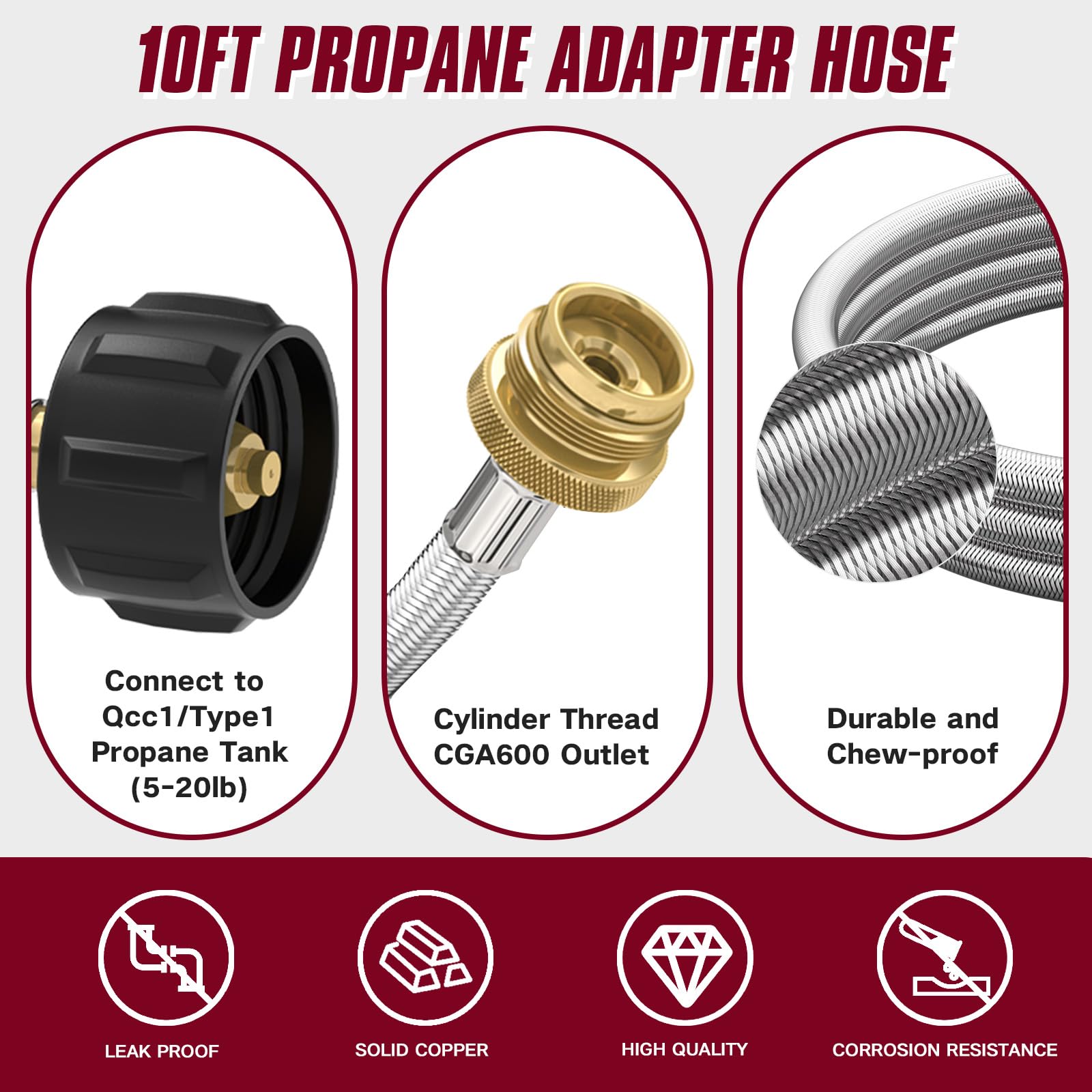 Close-up of 10ft stainless braided hose showing durable connection for flexible propane setups.