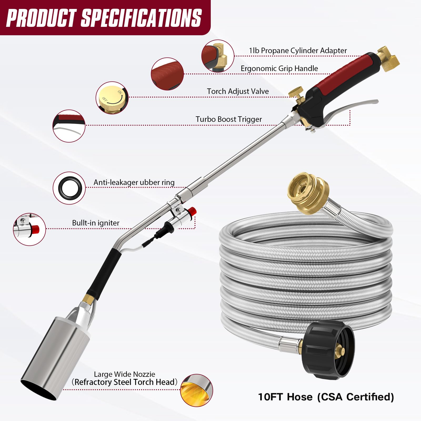 Turbo trigger and ignition enable quick one-handed flame control on MEFUN torch.