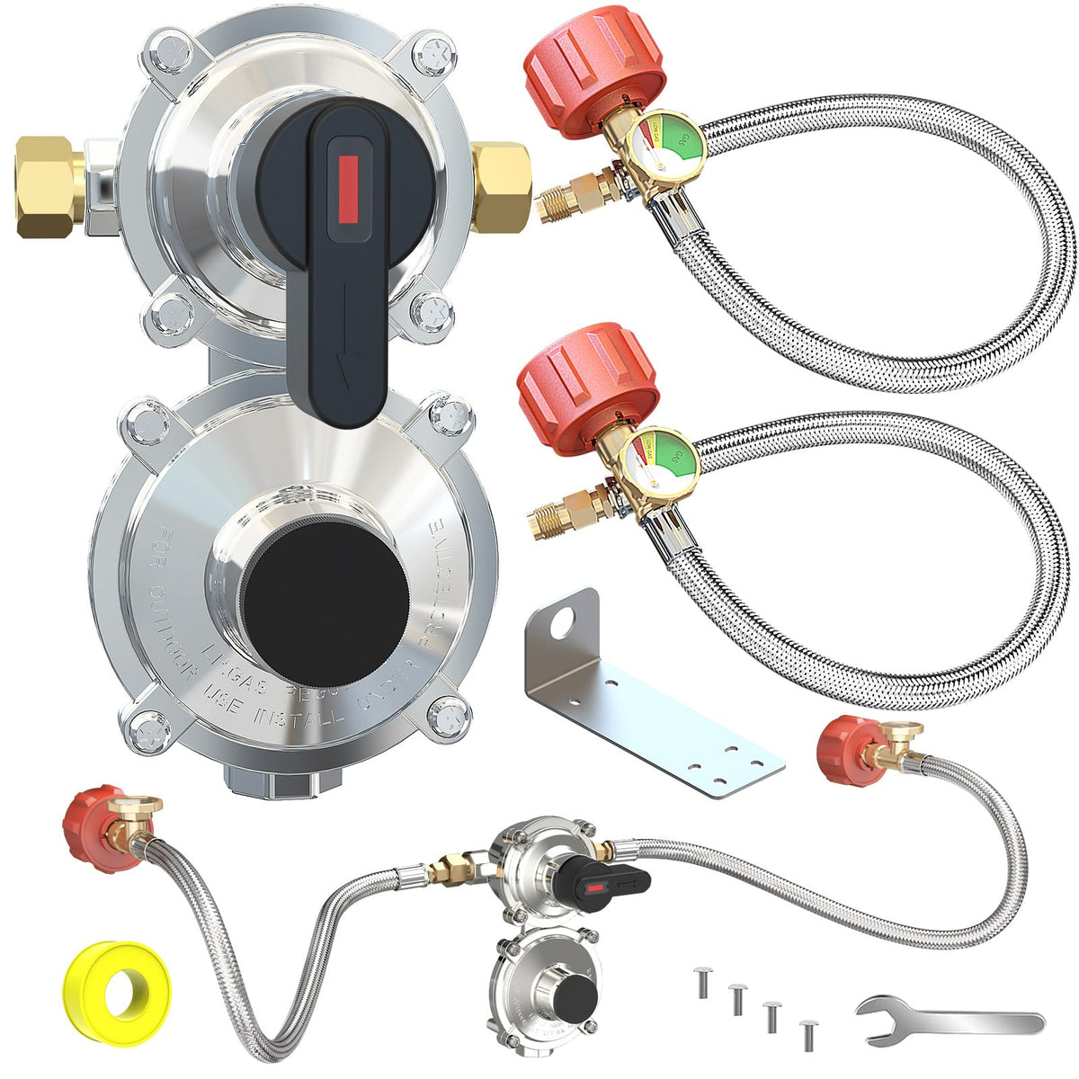 MEFUN two-stage auto-changeover regulator shown for dual-tank RV setups