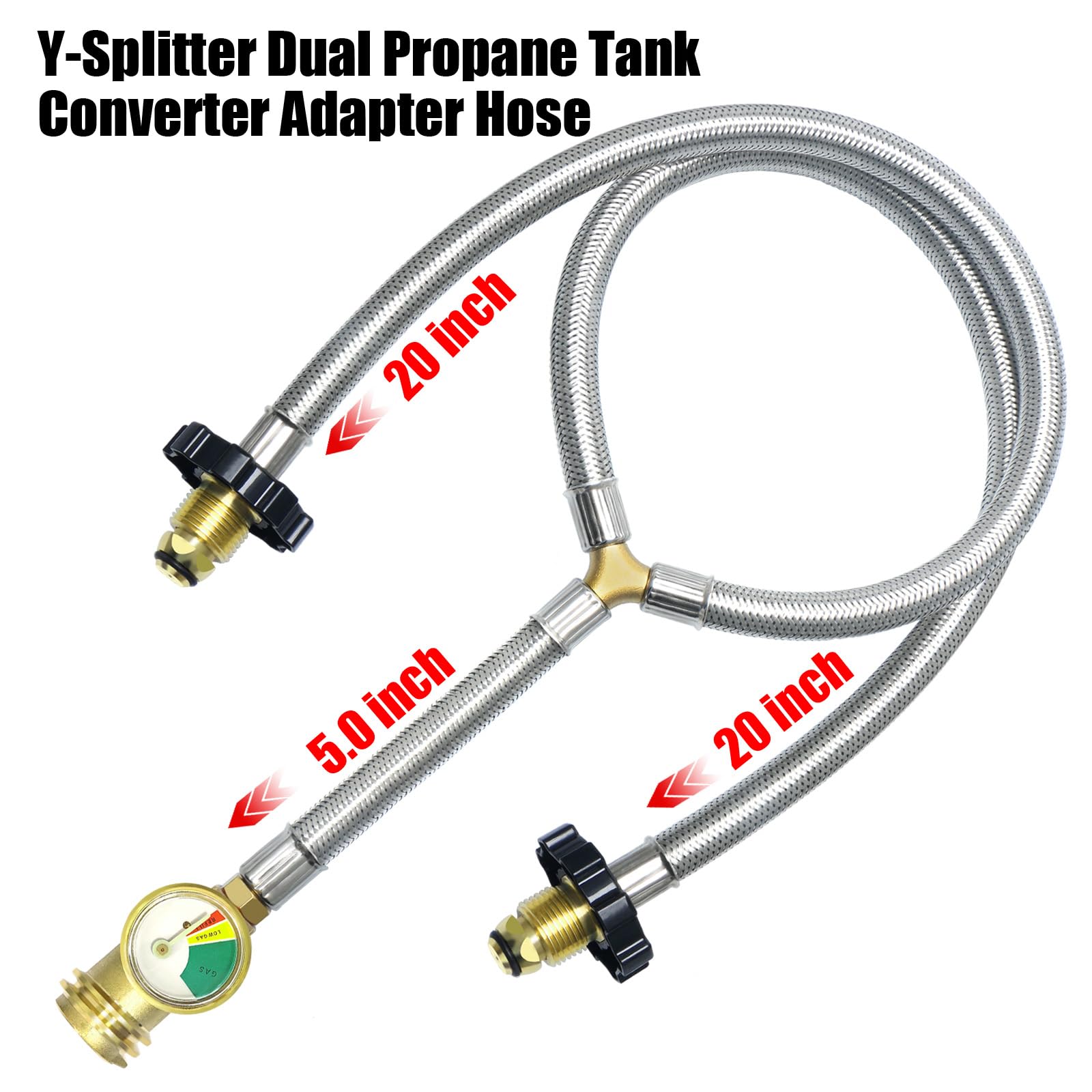 MEFUN two-tank propane tee with glow dial gauge for easy gas level checks.