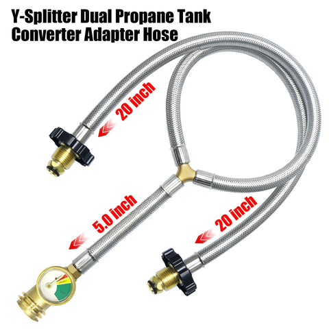 MEFUN two-tank propane tee with glow dial gauge for easy gas level checks.