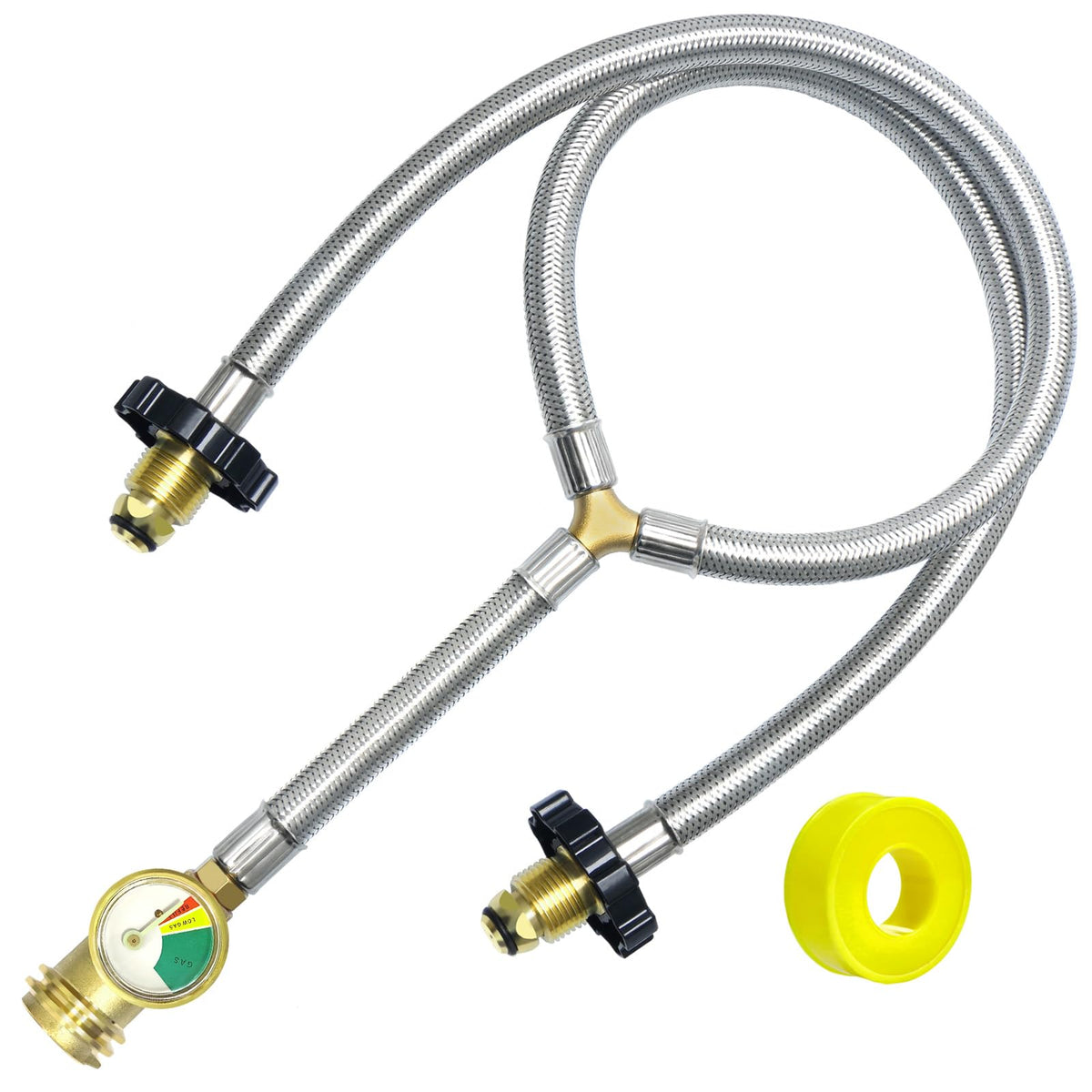 MEFUN upgraded stainless braided Y-splitter hose for dual-tank setup with grilling use.