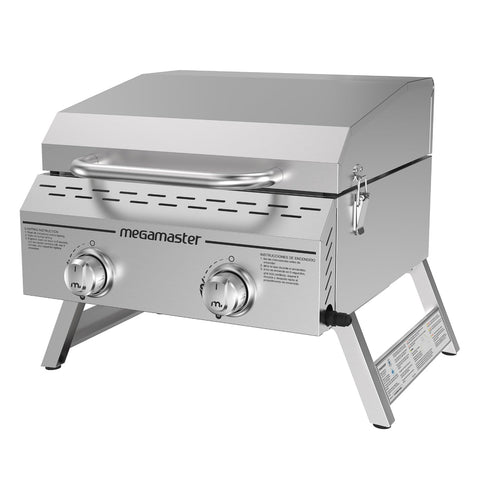 Megamaster 2-burner tabletop grill in polished stainless steel for durable outdoor cooking.