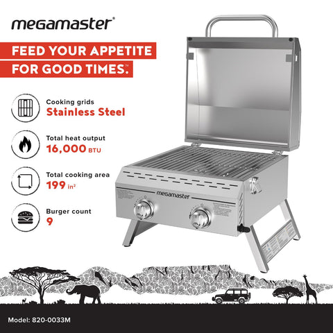 Megamaster two-burner control panel with ignition for quick, reliable startup.
