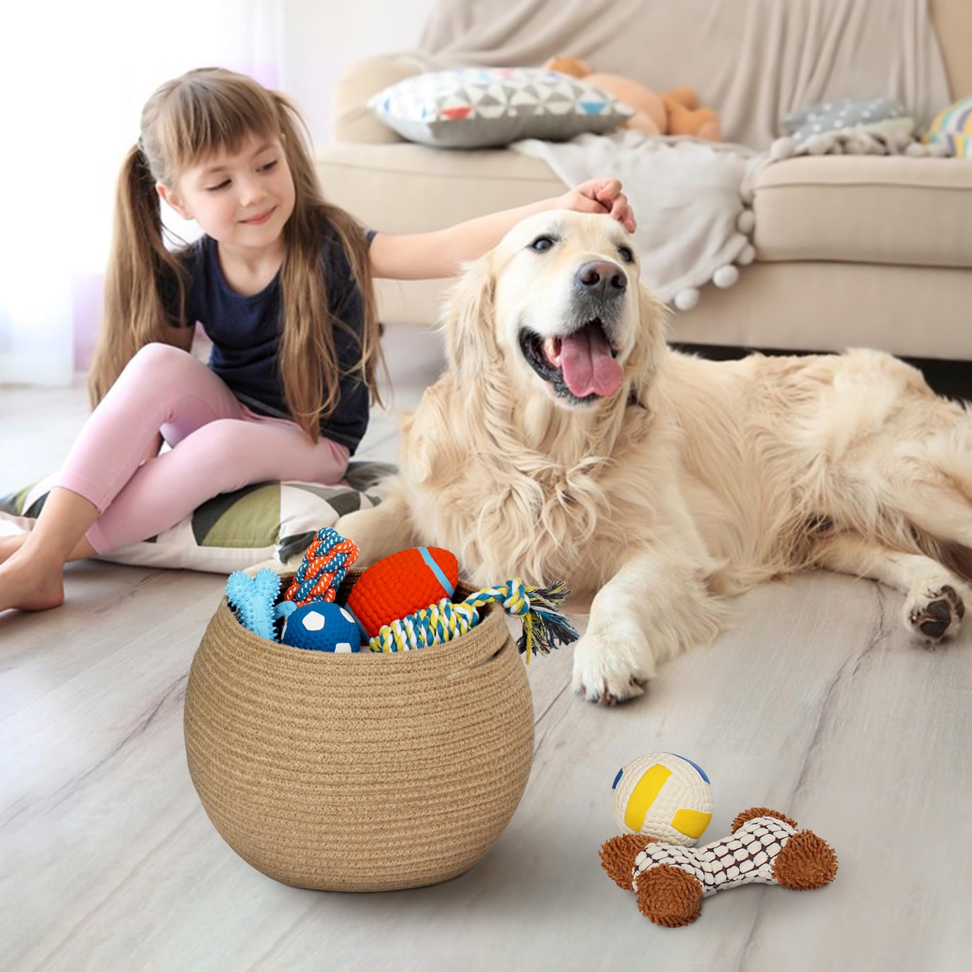 MEGASKET round toy bin adds soft decor and organization in the living room.