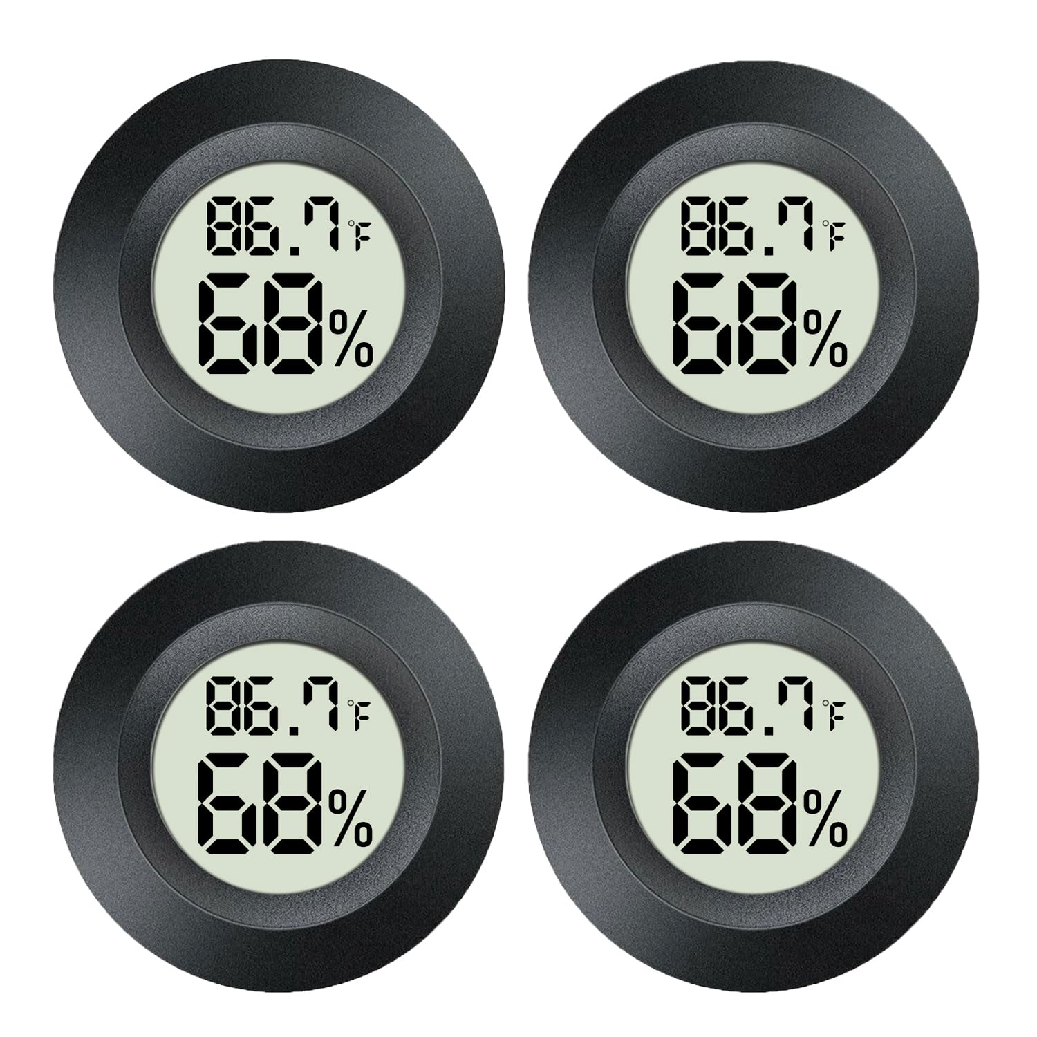 MEGGSI 4-pack mini hygrometer shows indoor/outdoor temperature and humidity at a glance.