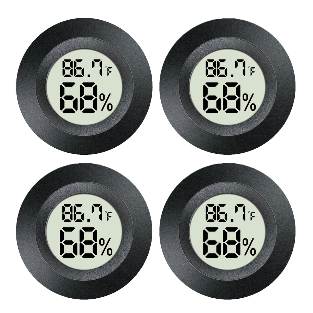 MEGGSI 4-pack mini hygrometer shows indoor/outdoor temperature and humidity at a glance.