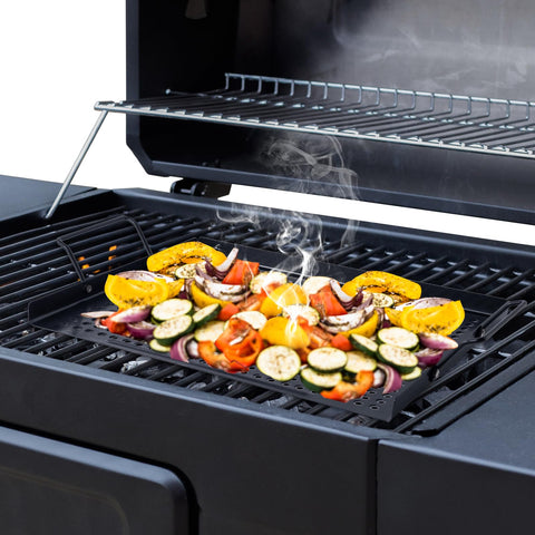 MEHE grill basket cooking vegetables shows versatile grilling options.