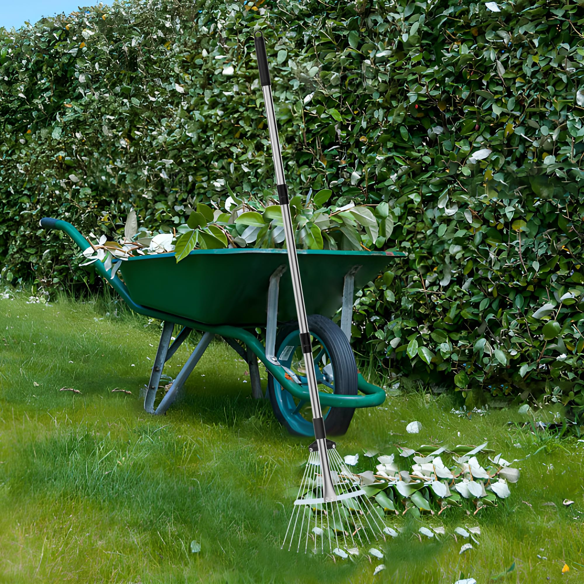 Mekeet includes extension poles and rake head for ready setup.
