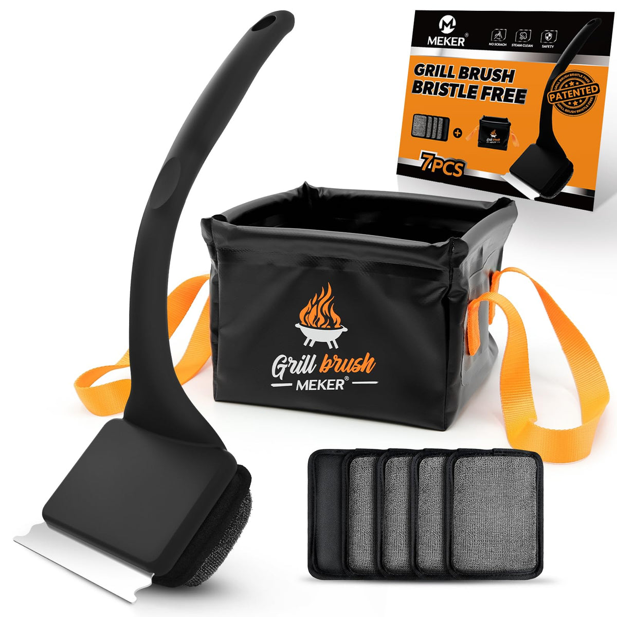 MEKER bristle-free grill brush with collapsible bucket for safe, space-saving cleanup.