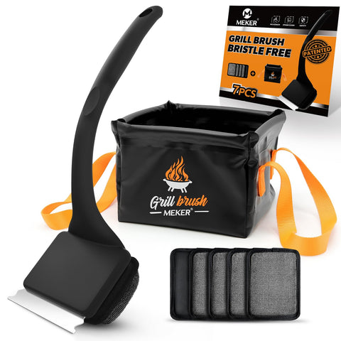 MEKER bristle-free grill brush with collapsible bucket for safe, space-saving cleanup.
