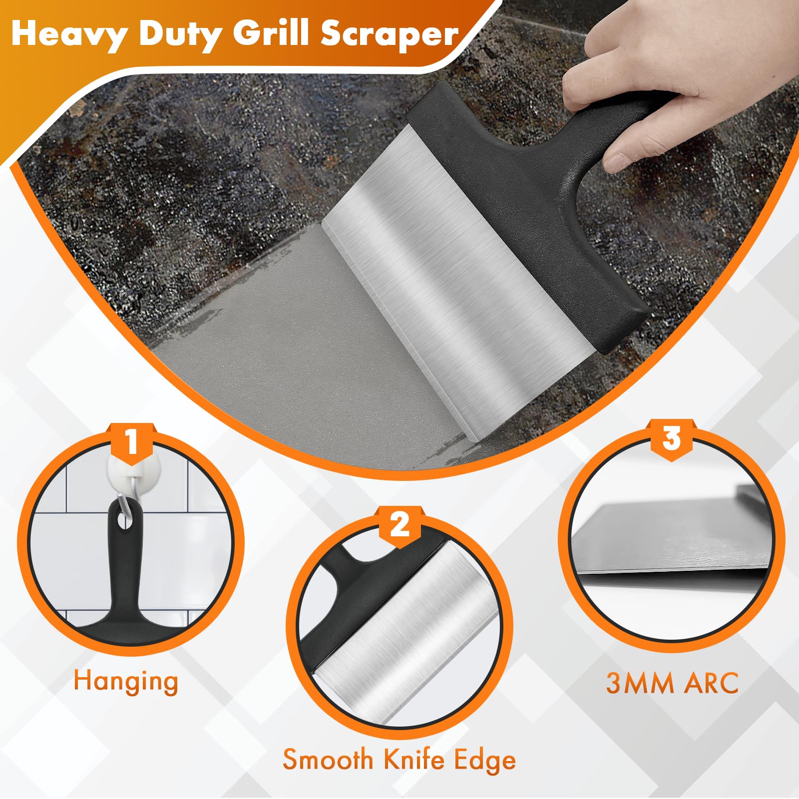 MEKER griddle scraper tool removing residue from flat top efficiently