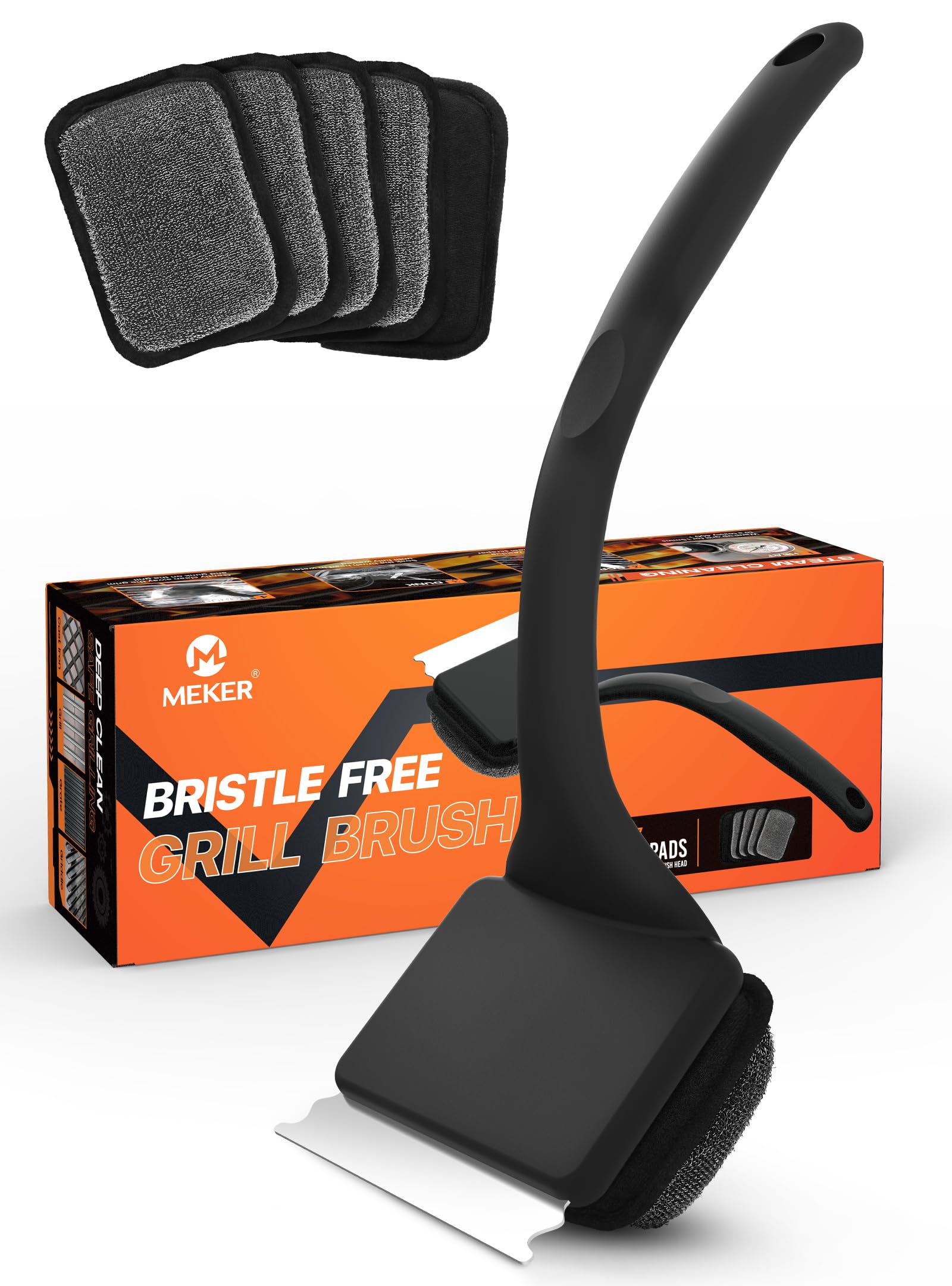 MEKER bristle-free grill brush design for safe, thorough cleaning after grilling.