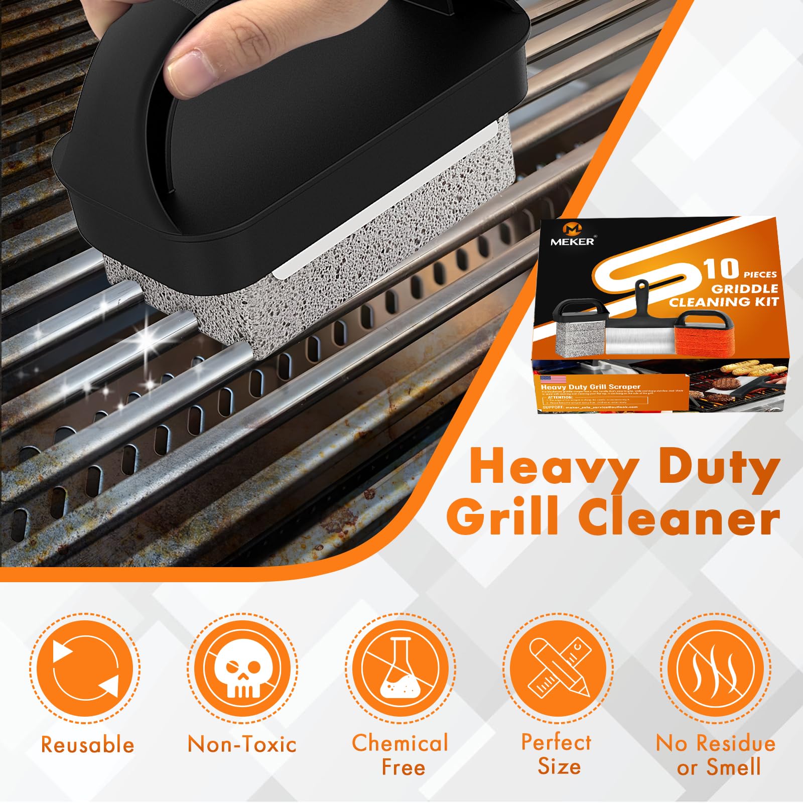 MEKER scouring pads with handle provide safe grip on hot griddles
