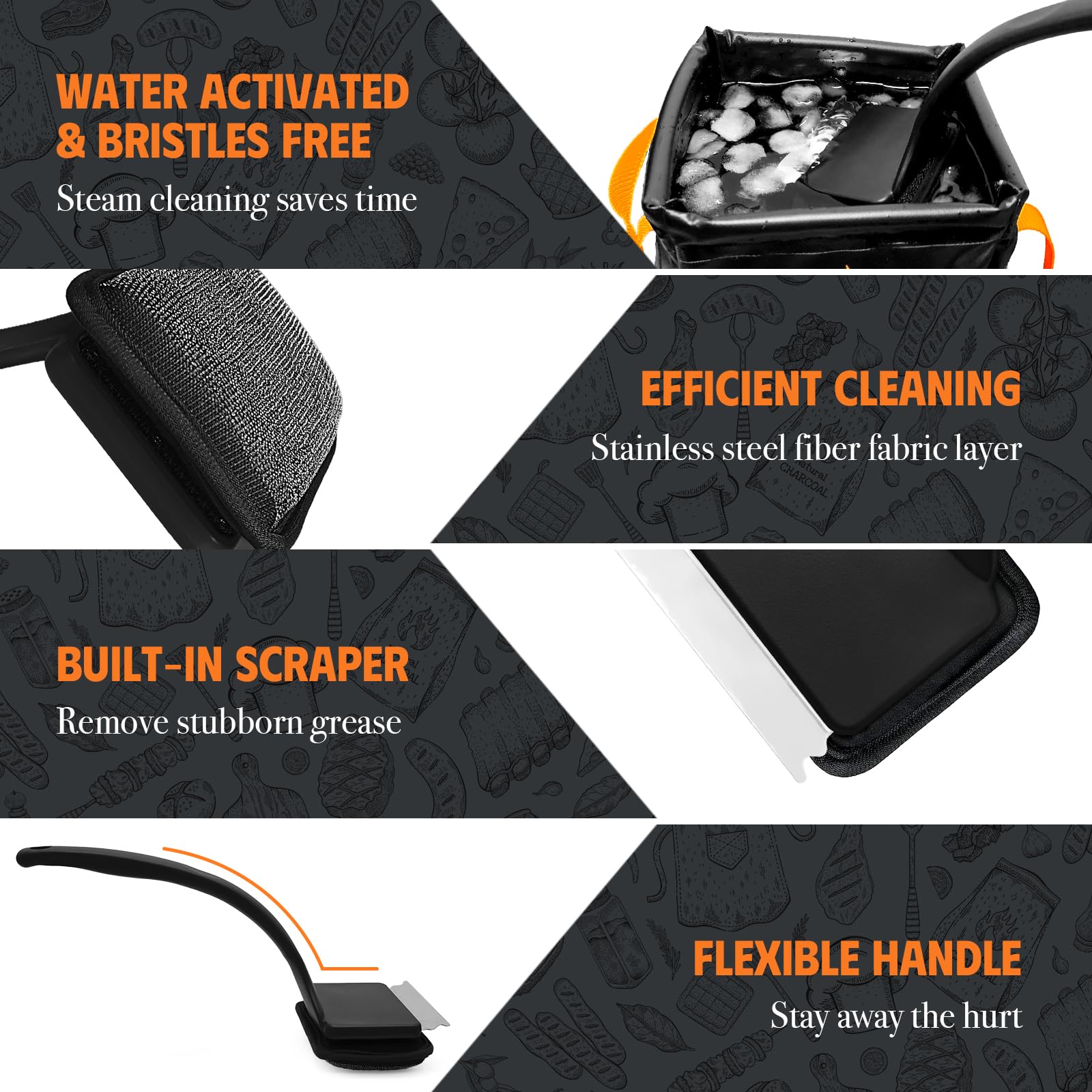 MEKER steel fiber cleaning layer aids grease removal during quick grill sessions.