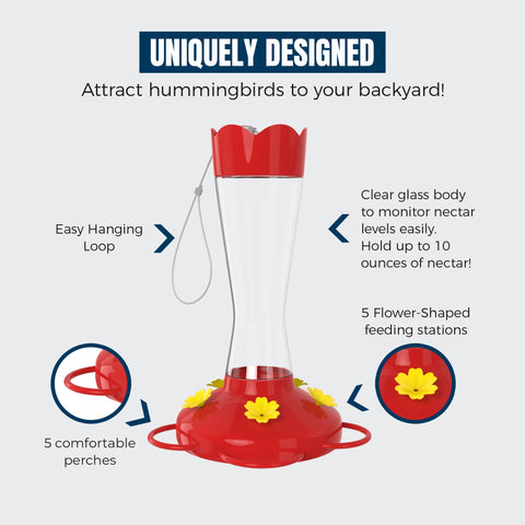 MEKKAPRO glass hummingbird feeder shows nectar level clearly for easy refills