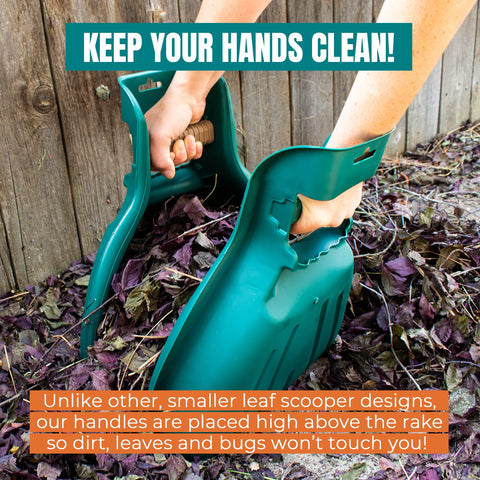 Ergonomic MEKKAPRO handle reduces bending during yard cleanup tasks.