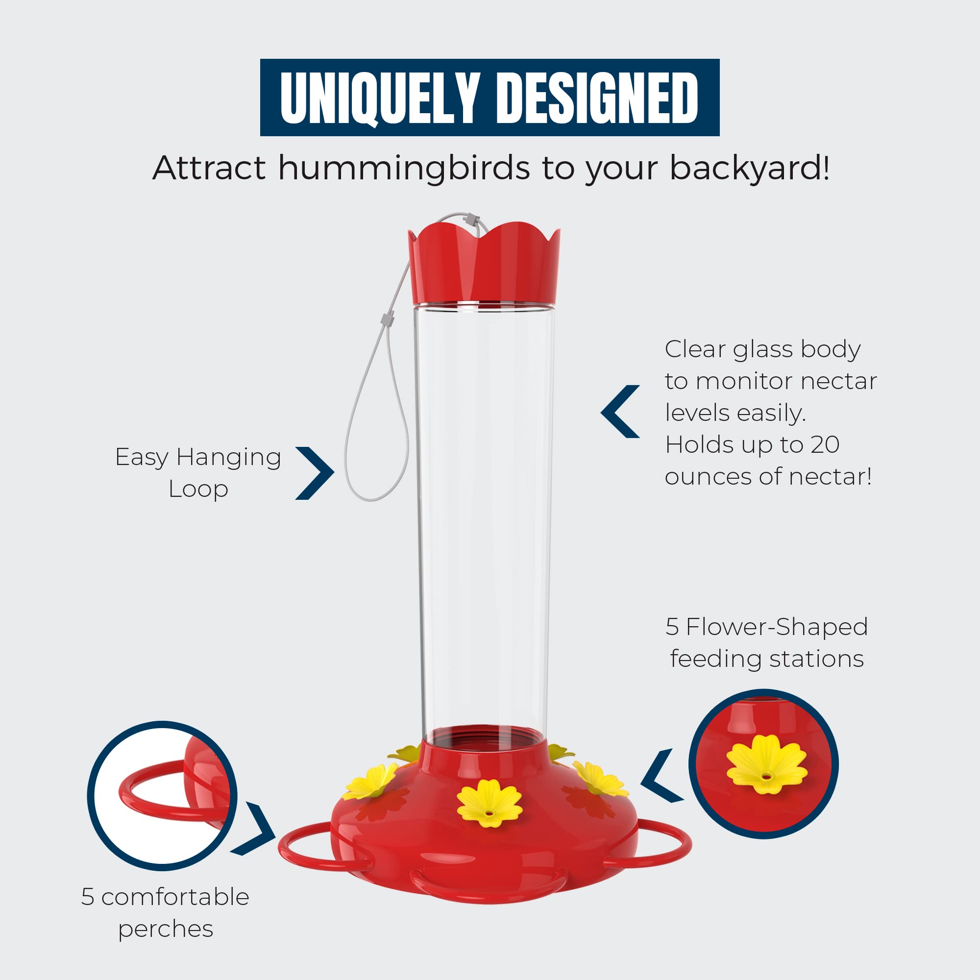 MEKKAPRO five-port design attracts multiple hummingbirds to your yard.