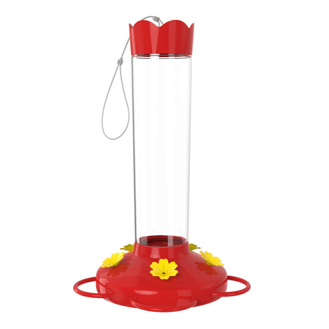 MEKKAPRO glass-bodied hummingbird feeder hangs outdoors for easy nectar monitoring.