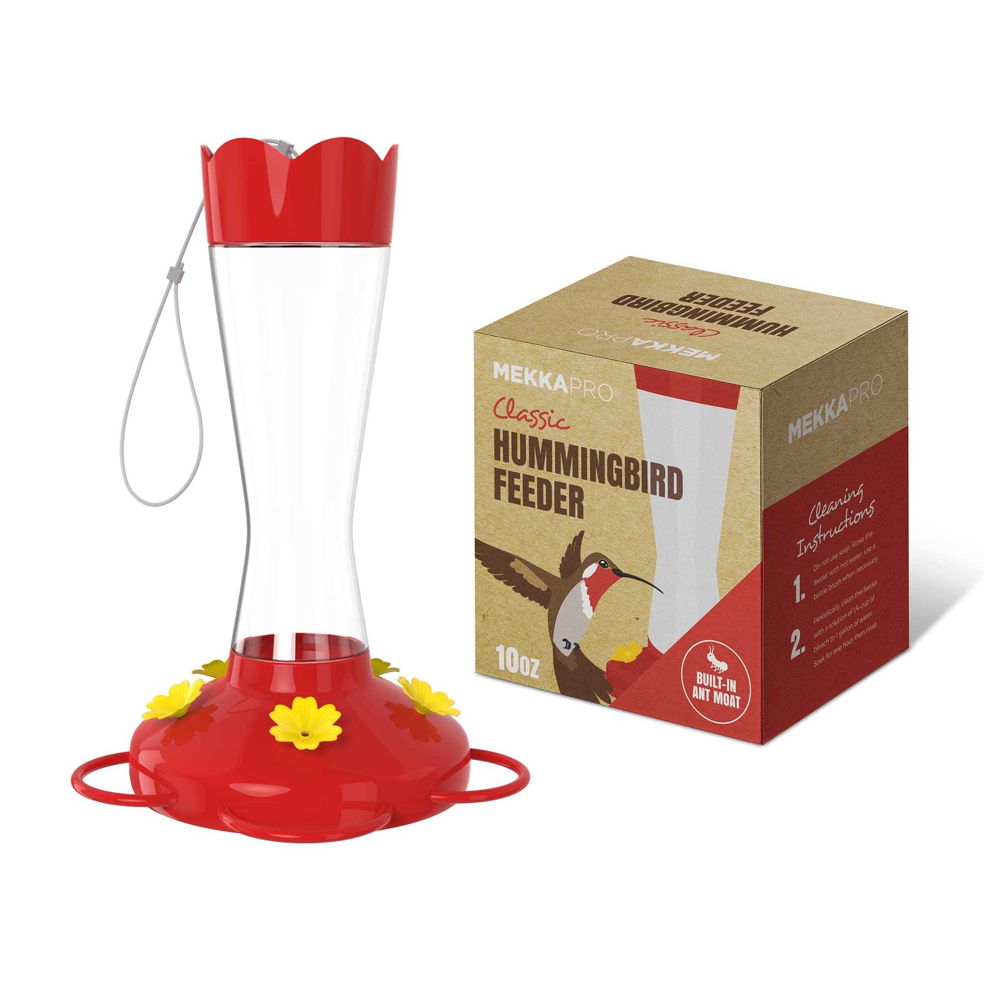MEKKAPRO outdoor glass hummingbird feeder in bright red with five feeding ports attracts multiple hummingbirds