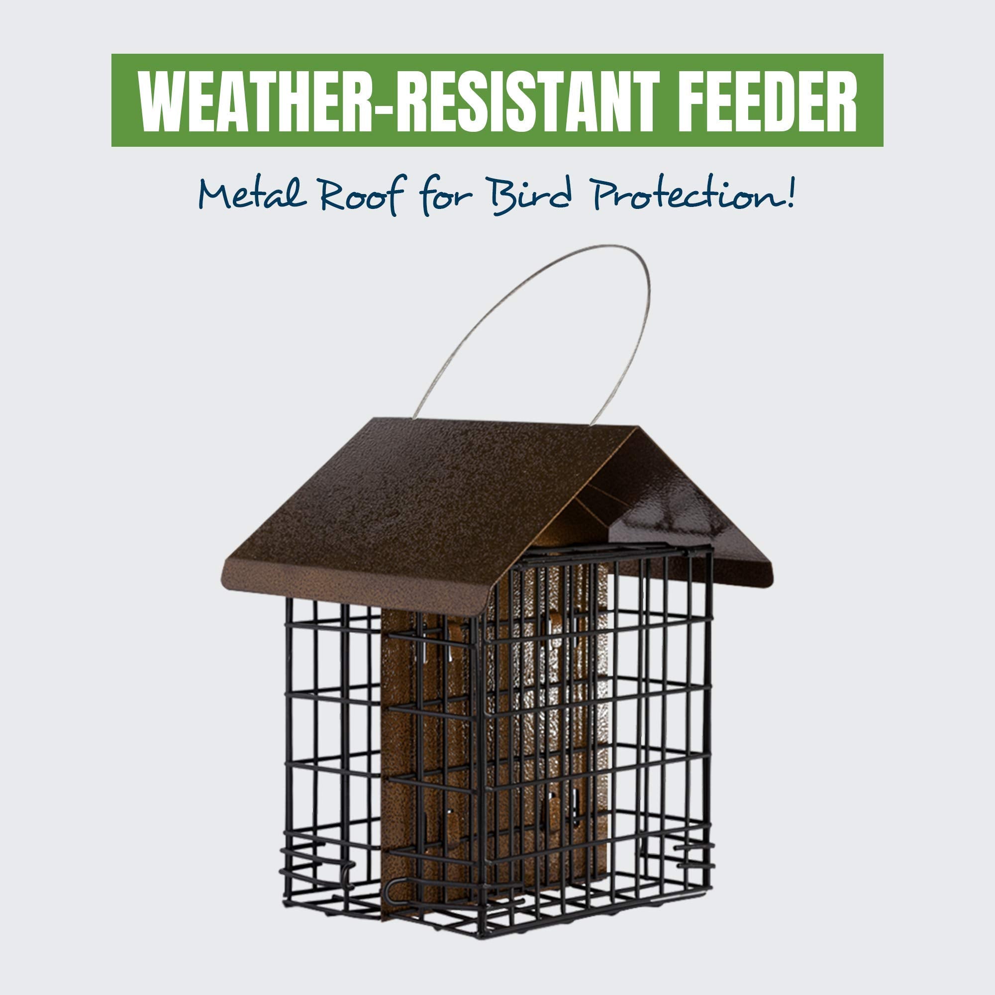 MEKKAPRO suet feeder metal roof protects cakes from rain and snow.