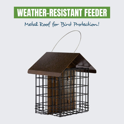 MEKKAPRO suet feeder metal roof protects cakes from rain and snow.