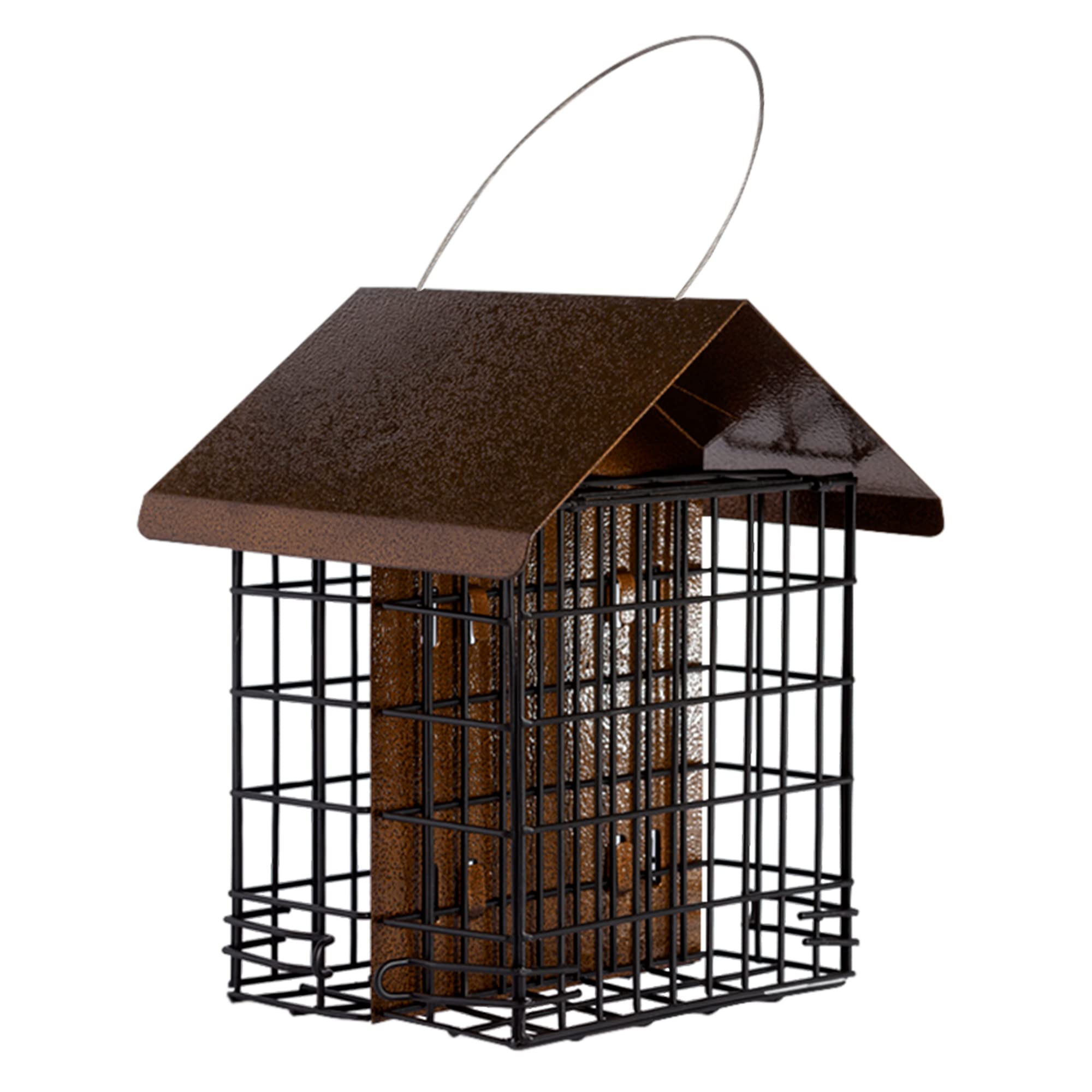 MEKKAPRO suet feeder outdoor mount with metal roof, ideal for woodpeckers.