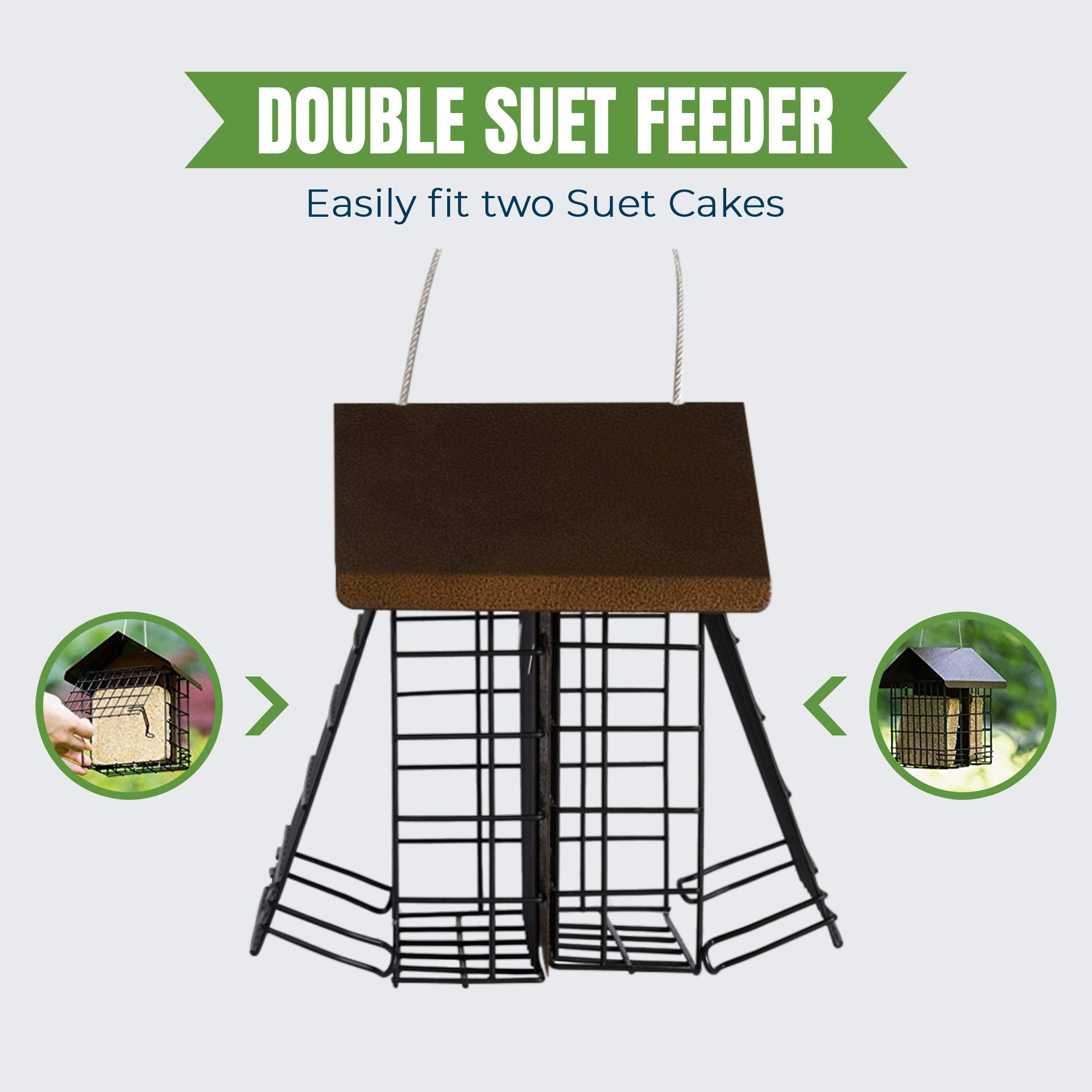 MEKKAPRO suet feeder two compartments for different foods attracting multiple birds.