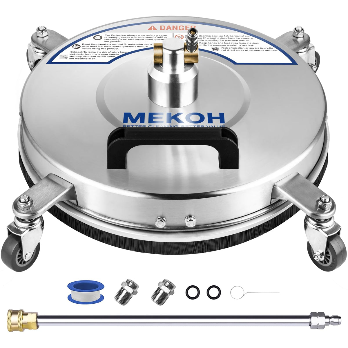 MEKOH 14-inch surface cleaner assembly shows a durable stainless steel body for outdoor use