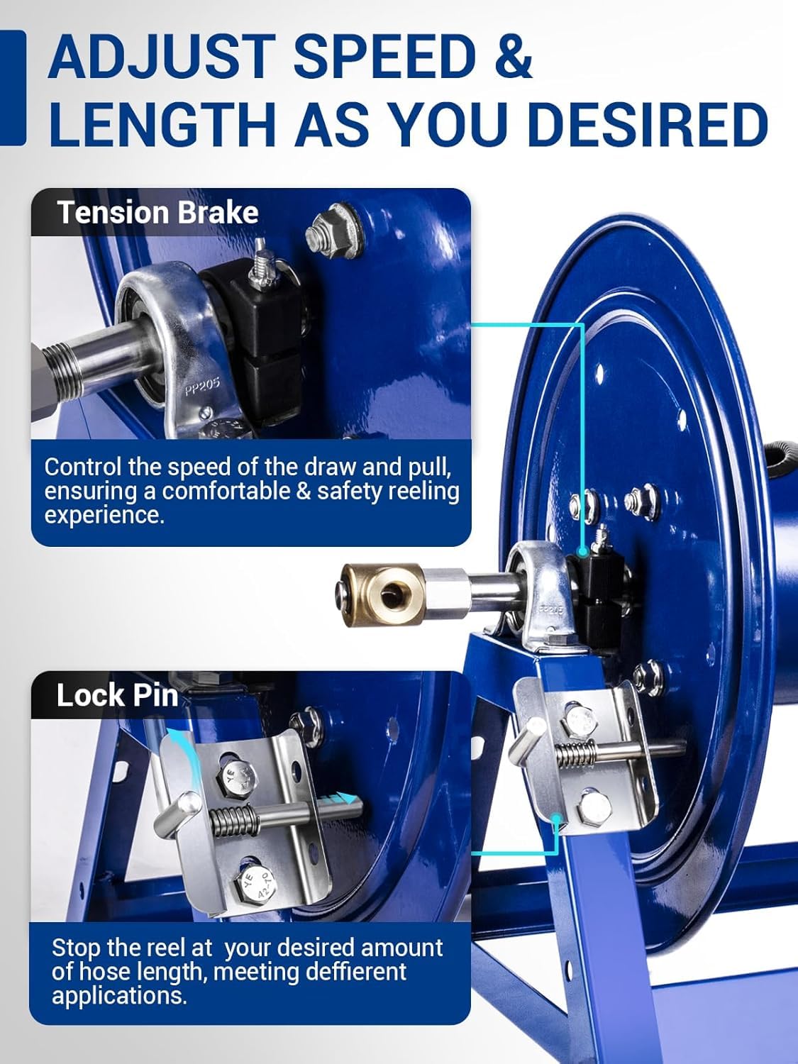 MEKOH adjustable tension brake enabling controlled hose retraction.