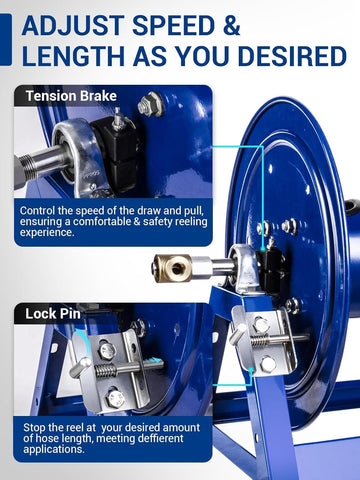 MEKOH adjustable tension brake enabling controlled hose retraction.