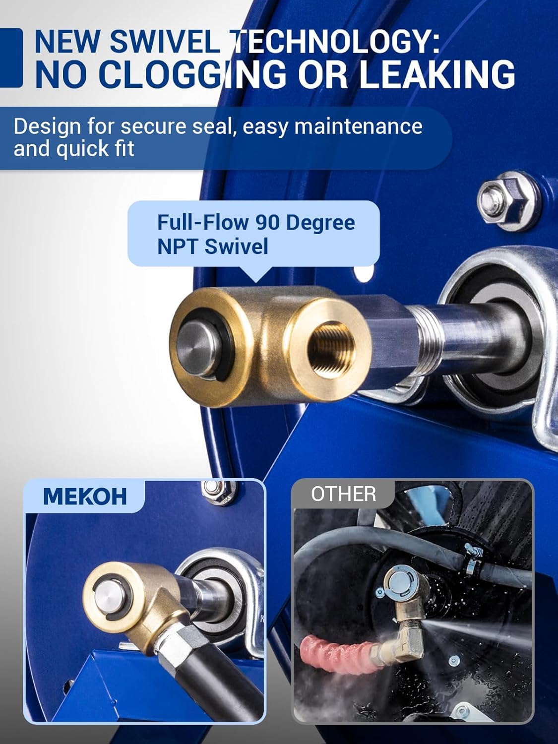 MEKOH brass 90-degree swivel, leak-free hose setup for easy installation.