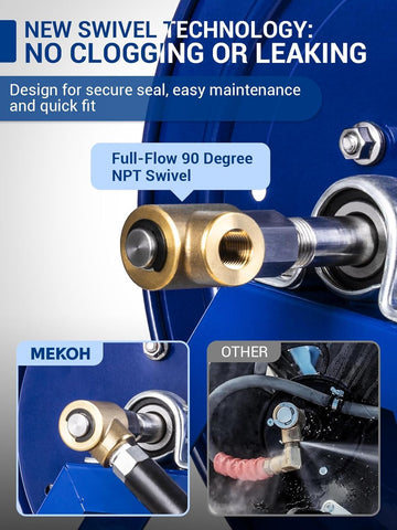 MEKOH brass 90-degree swivel, leak-free hose setup for easy installation.
