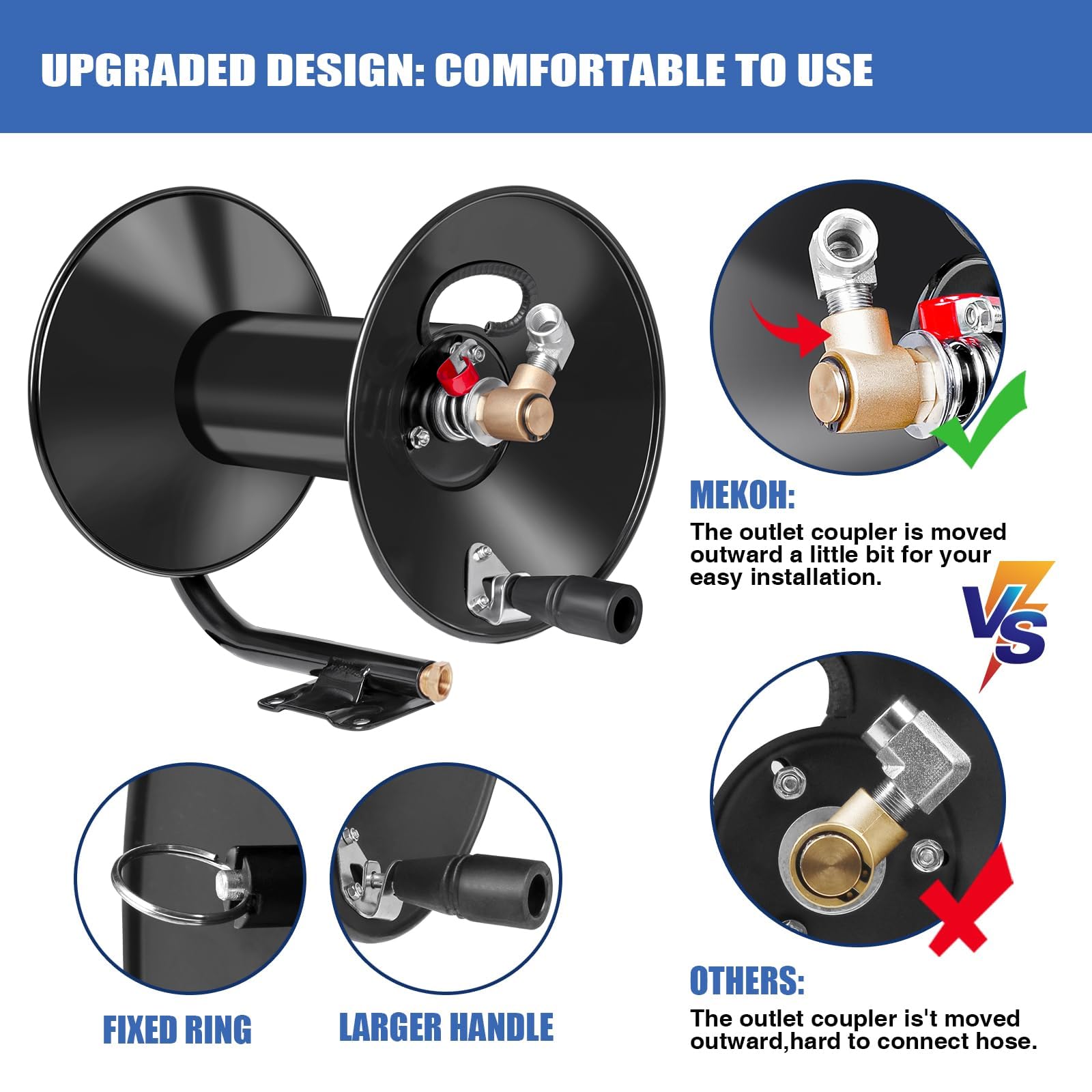 MEKOH 90-degree outlet elbow prevents kinks and wear.