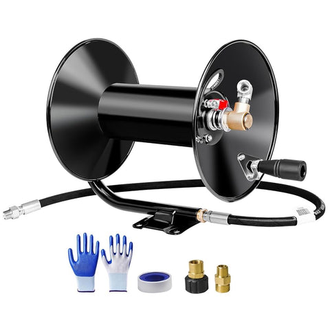 MEKOH pressure washer hose reel with 100 ft 3/8 in hose, wall-mount ready.