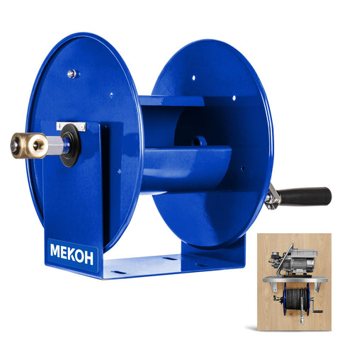 MEKOH hose reel with 100 ft 3/8 in hose showing smooth wrapping