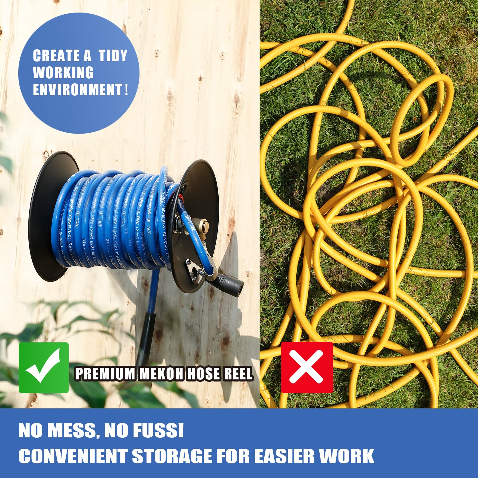 MEKOH hose reel supports 130 ft of 1/4 in hose for extended reach.