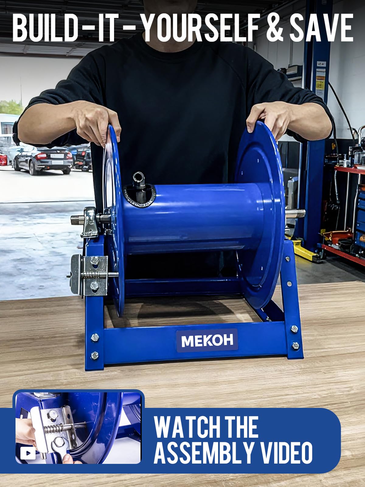 MEKOH 350 ft 3/8 inch hose full-length reel for extended tasks.