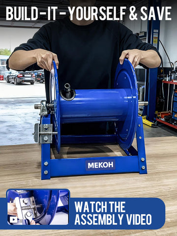 MEKOH 350 ft 3/8 inch hose full-length reel for extended tasks.