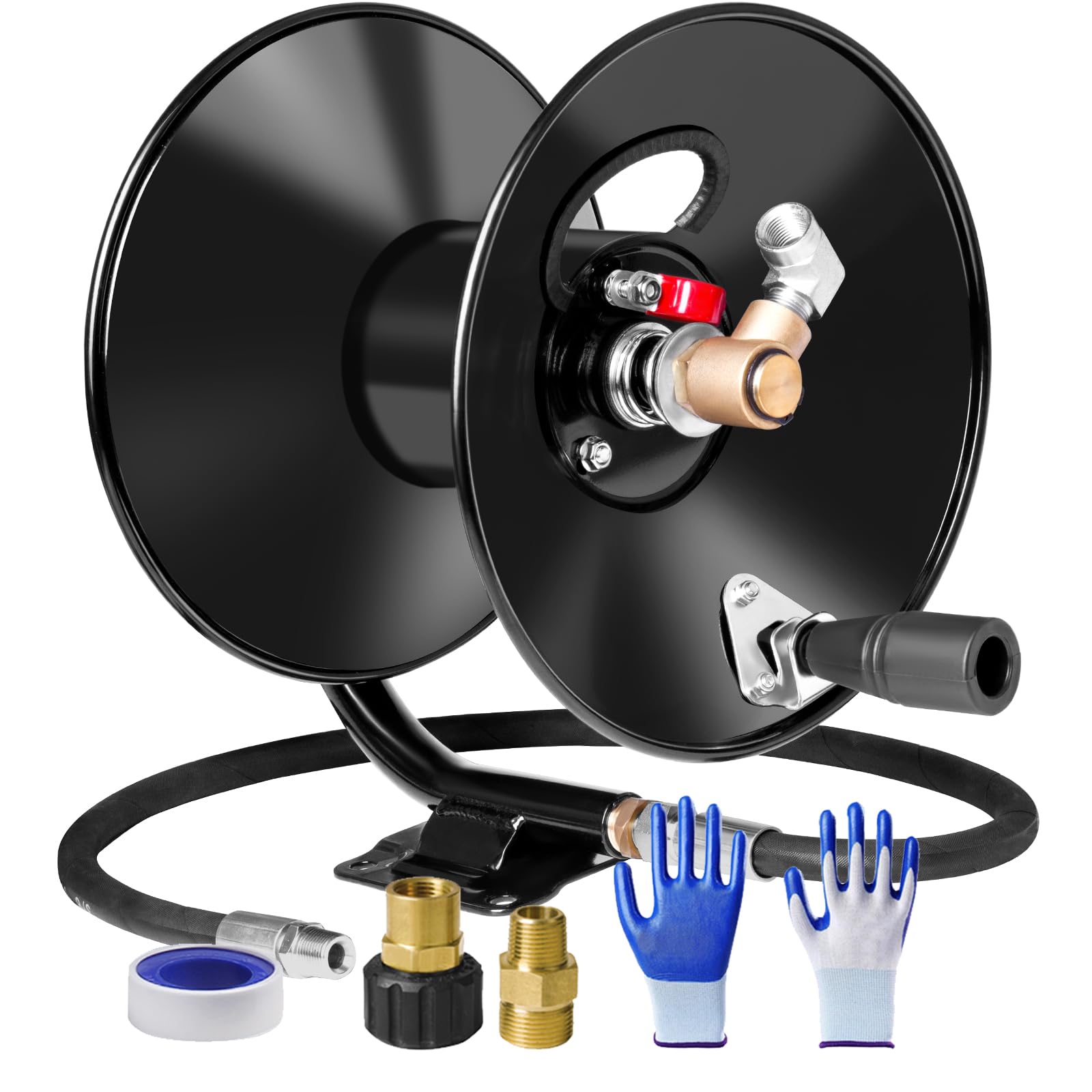 MEKOH hose reel with 50ft 3/8in inlet shows rugged steel body for tough jobs