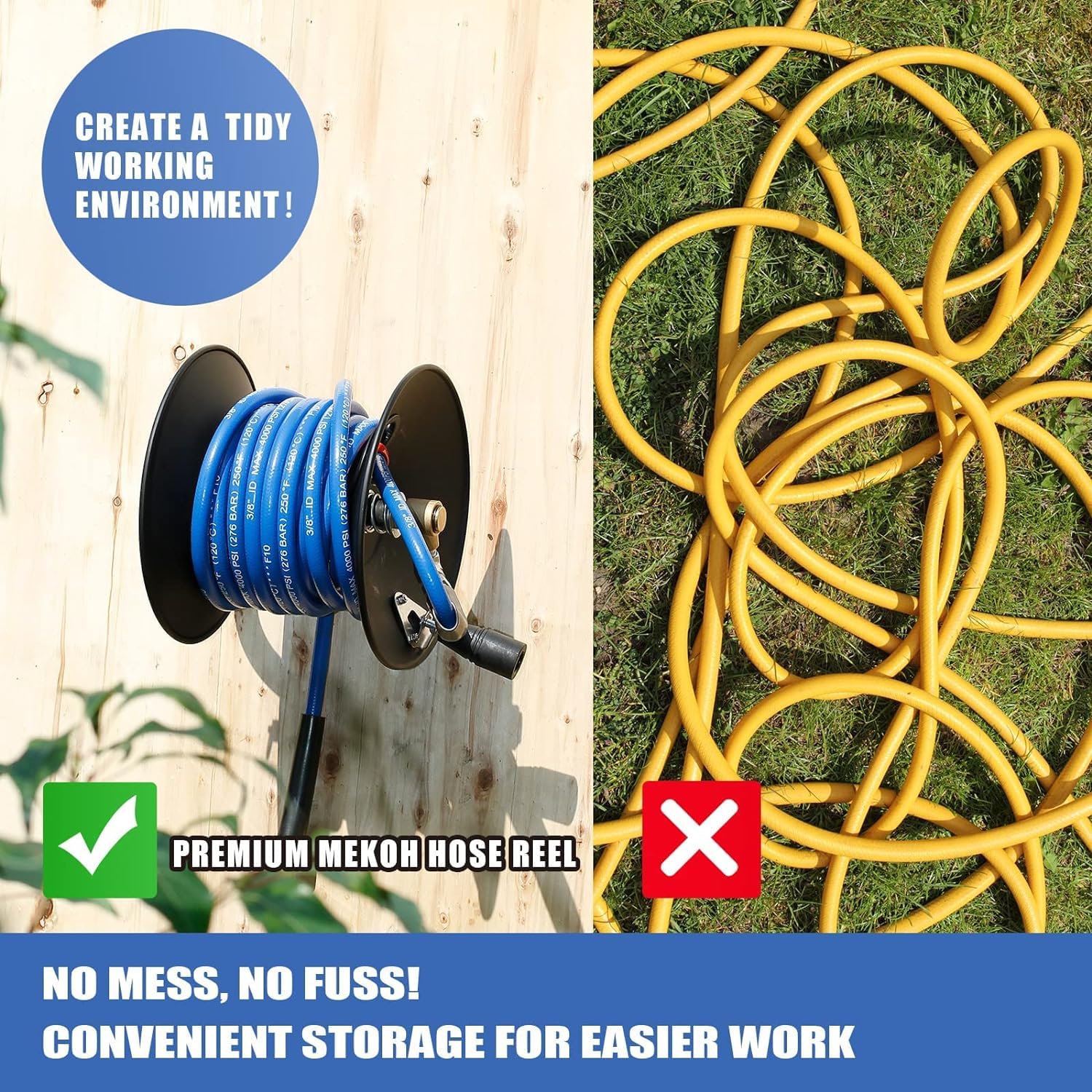 MEKOH hose reel with 65ft 1/4in inlet highlighting long reach