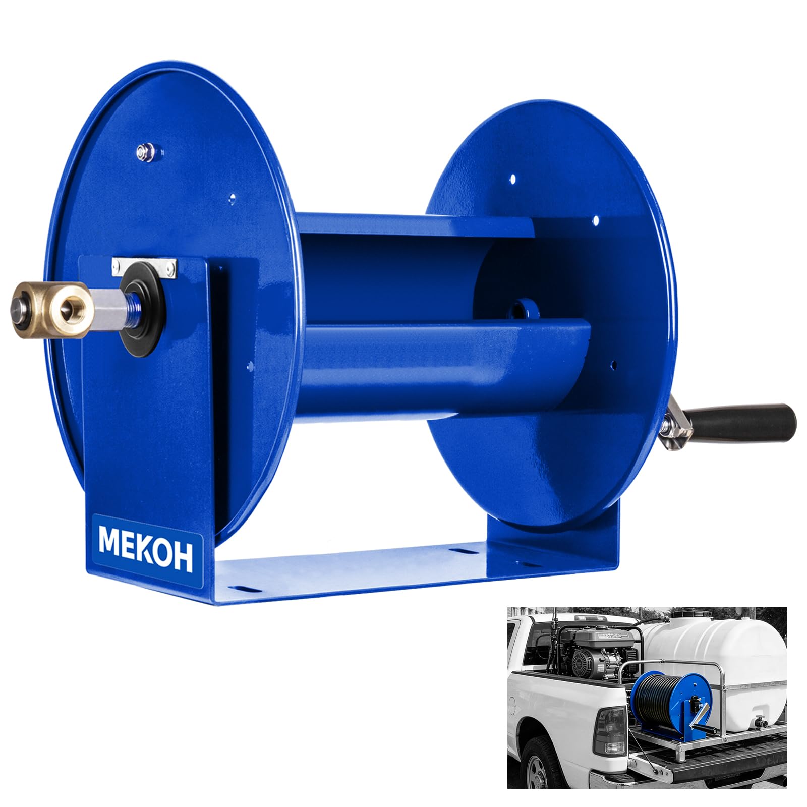 MEKOH hose reel front view showing compact, durable design