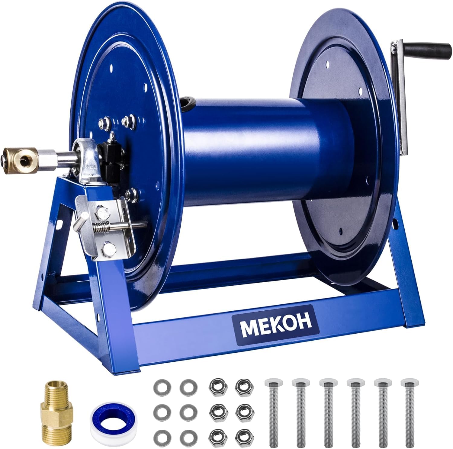 MEKOH pressure washer hose reel front view, rugged and professional.