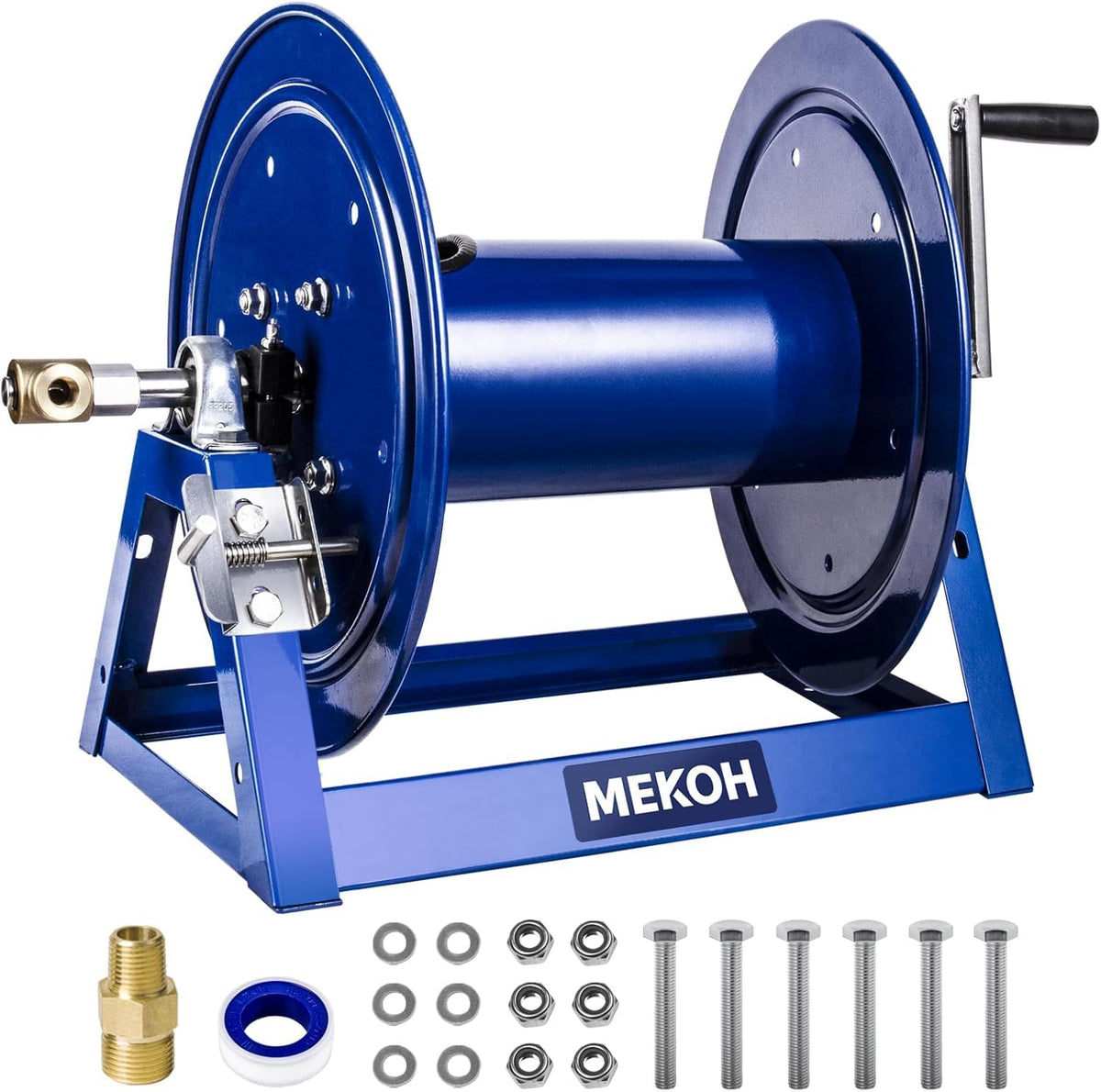 MEKOH pressure washer hose reel front view, rugged and professional.