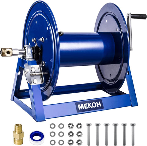 MEKOH pressure washer hose reel front view, rugged and professional.