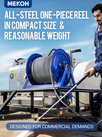 MEKOH hose reel side view, showcasing stability and mounting options.