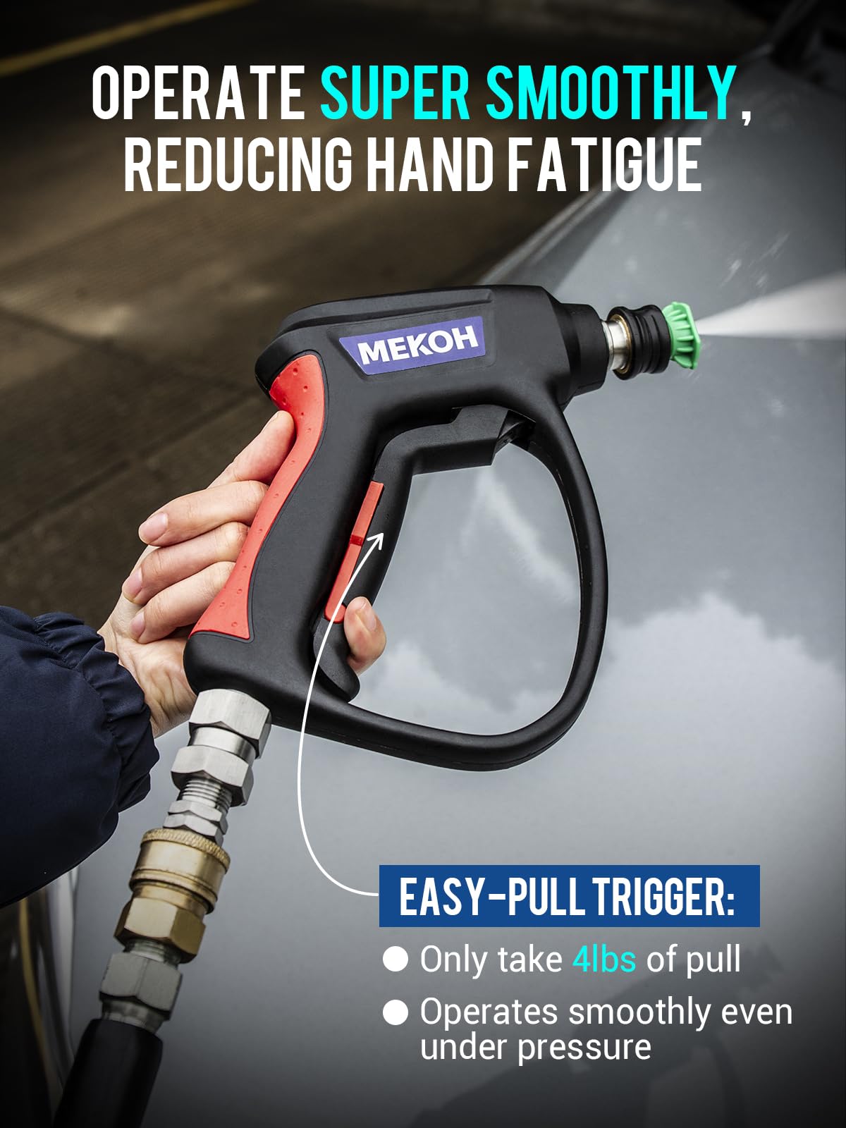 3/8 inch FNPT inlet on MEKOH gun connects securely to pressure washers