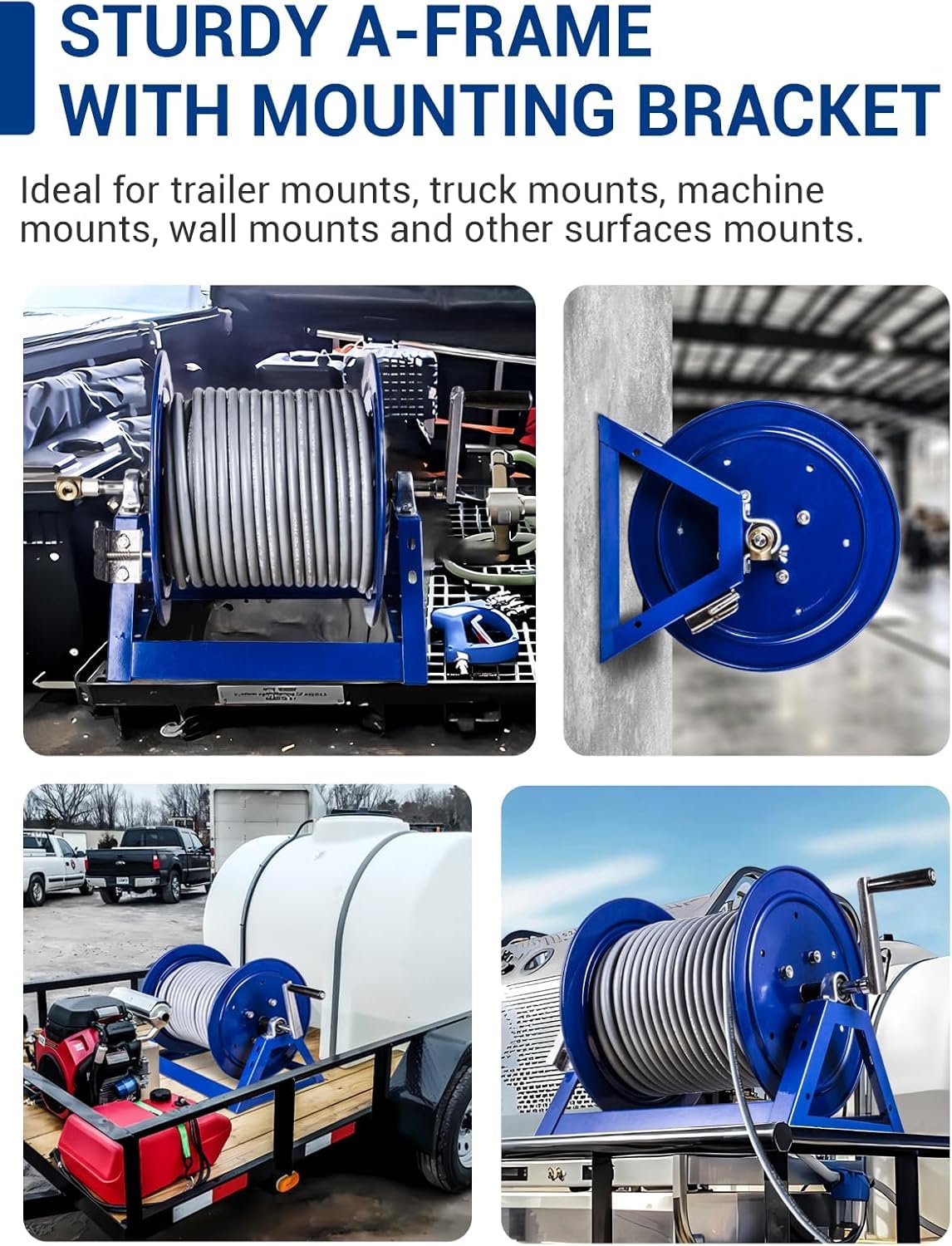 MEKOH wall-mount hose reel assembly for space-saving installation.