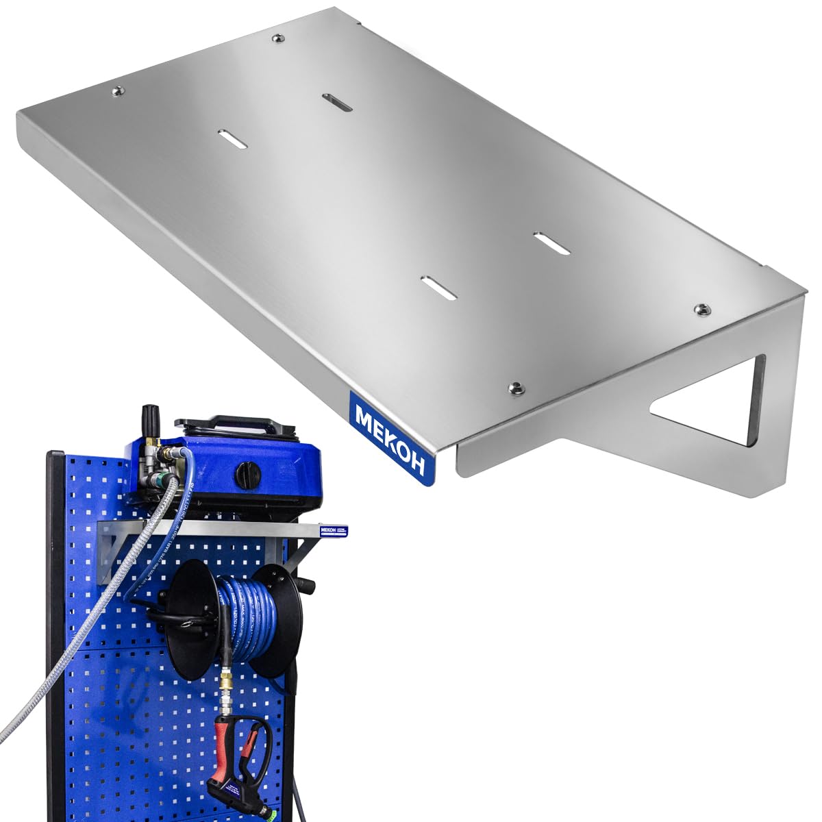 MEKOH wall mount shelf for pressure washer keeps equipment off floor for easy access
